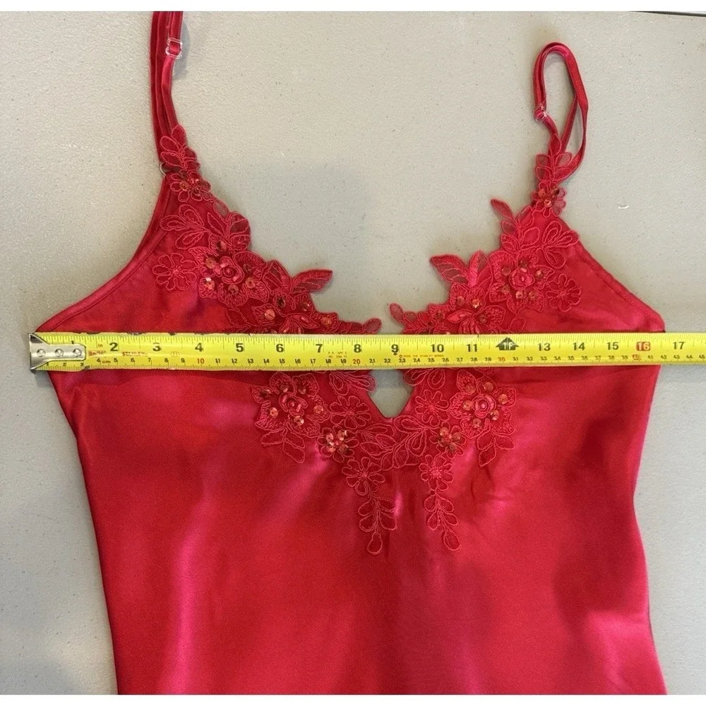 Vintage 90s Shirley Hollywood Satin‎ Lace Mini Cami Slip Dress Size M Red Sheer